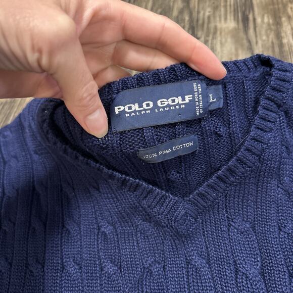Ralph Lauren Polo Golf Sweater Vest Cable Knit Large Pima Cotton Blue Navy - Picture 2 of 4